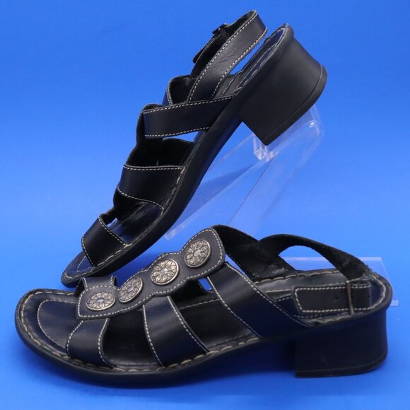 Josef Seibel Women 38 US 7.5 Sandal Black Strap Medallion Block Heel - Picture 1 of 15